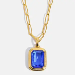 Retro Colorful Square Crystal Pendant Necklace for Women Stainless Steel Rectangle Chain White Blue CZ Wedding Jewelry Gift New