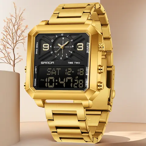Men's Square Multifunctional Dual Display 3 Time Zone Stopwatch Alarm Clock Waterproof Night Light Sports Business Quartz Digital Watch fashionable luminous mirror Angular Minimalist Business Watch