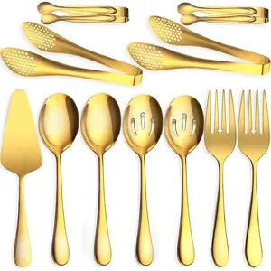 11 count Serving Utensils, Large Stainless Steel Spoons Forks Tongs, Pie Server,  for Hostess Buffet Catering Banquet Party,