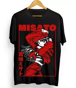 Misato Asuka T-shirt Neon Genesis Evangelion Kawai Anime Black Shirt All Size