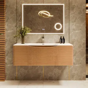 Leah 39 in. Medium Oak Wall Mount Single Sink Bath Vanity with Solid Surface Top and Integrated Sink