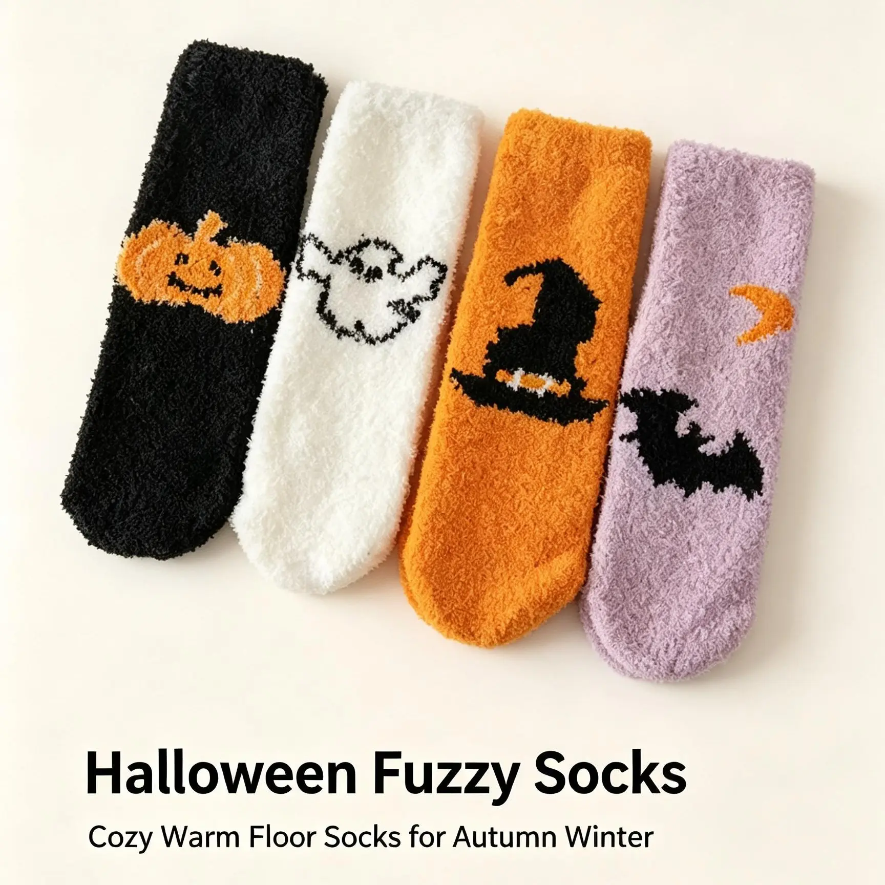 Women's & Men's 4-Pair Halloween Cute Thick Stretchy Fabric Fuzzy Crew Socks, Cozy Soft Warm Everyday Socks for Sleeping, Lounging, Gifting