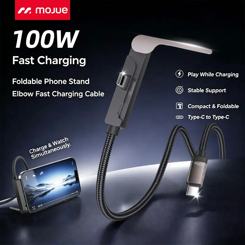 MOJUE 2-Pack 5FT 100W Nylon Braided USB-C Charging Data Cord - Adjustable Foldable Stand, 90° Right Angle, USB-C/Lightning Options, Built-in Holder for Mobile Devices, iPhone/iPad, Laptop - Gamers & Travels Connector, Black (Includes Charging Cable)