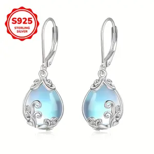 Pair of Moonstone Silver Thread Teardrop Pendant Earrings S925 Silver Women's Earrings Suitable Daily Wear and as Women's Jewelry Gifts Hypoallergenic Silver Weight 3g