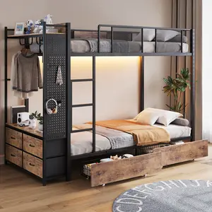 FUSOU Hall Tree RGB Bunk Storage Bed Twin Over Twin[2 Packages]& [FRAME ONLY NO MATTRESS] , Power Outlet & LED Lights, Metal Bunk Bed with 6 Storage Drawers & 2 Hanging Rods, No Box Spring Needed,Easy Assembly,for Kids Teens Full Size,SummerVibe