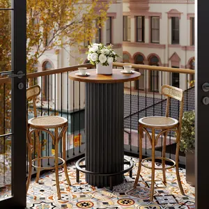 LITTLE TREE Round Bar Table, 39.4" H Wooden Bistro Pub Table with Metal Footrest, Small Pub Cocktail Tables for Dining, Cafe, Living Room, Apartment, Balcony, Brown Black (Only Table)