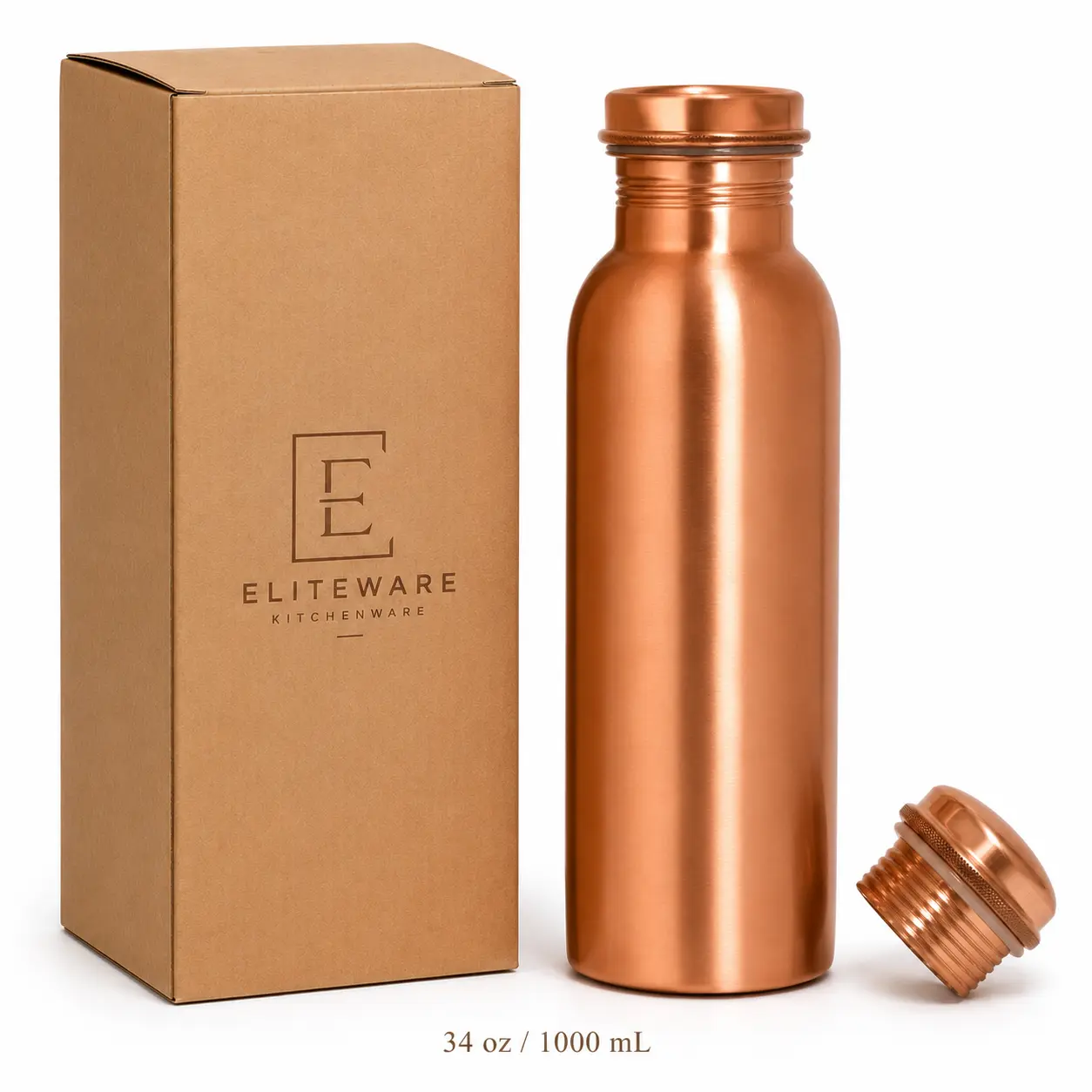 Copper Water Bottle 34oz - 100% pure Ayurvedic copper bottle for drinking | eco-friendly | BPA free non toxic lab tested | Leak-Proof | Handcrafted for Health & Wellness (Plain)