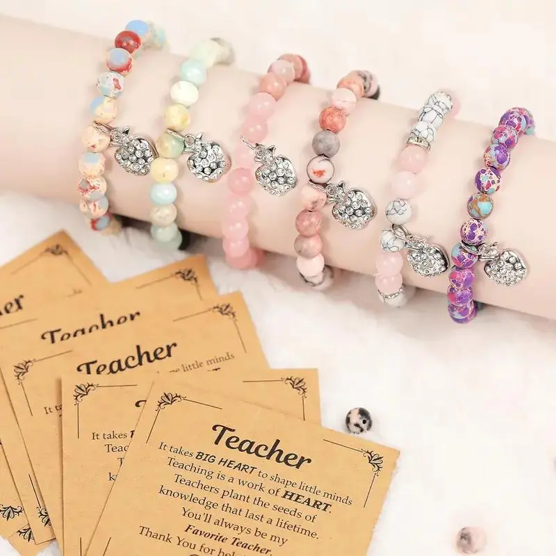 6 Pcs Teacher Bracelet Gift Set with Wooden Trays, Natural Stone Bracelets Bulk for Graduation, Retirement, Birthday, Mentor Appreciation， best gift for teacher