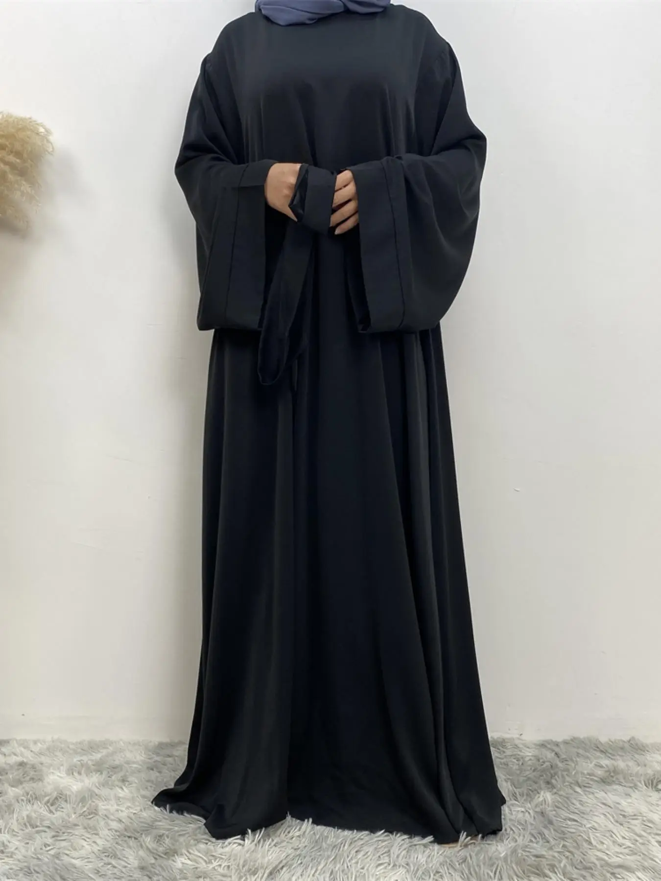 Women's Solid Long Sleeve Belted Lounge Dress, Casual Comfy Round Neck Loose Long Dress for Daily Home Wear, Muslim Arabic Abaya, Ladies Islamic Cloth