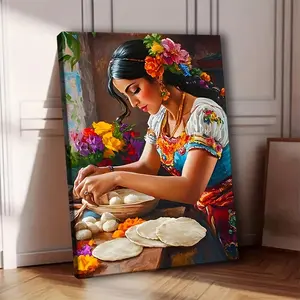 Mexican Woman Toasting Bread in Calvin on May 5th Canvas Wall Art Pine Wood Home Room Decoration Vibrant Scene Cultural Focal Point Photo Print Ornaments