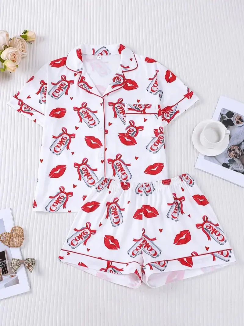1 Set "Soda & Kisses" Valentine’s Day Pajama Set, Romantic Sleepwear, Soft Cotton Fabric, Sweet and Playful Design, Perfect for Women to Celebrate Valentine’s Day or Relax at Home