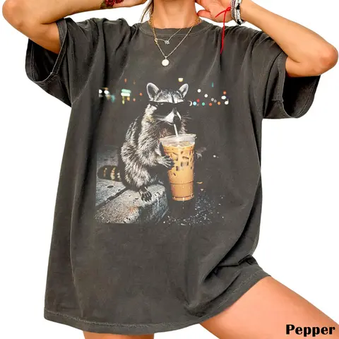 Funny Raccoon Iced Coffee T-Shirt, Trash Panda Coffee Lover Shirt, Vintage Streetwear Graphic Tee, Unisex Shirt, Gift for Men, Gift for Women, Holiday Gift