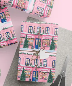 Elegant Christmas Gift Wrap, Pink Winter Village Wrapping Paper, Holiday Boutique Scene, Cute Festive Packaging, Luxury Gift Wrapping