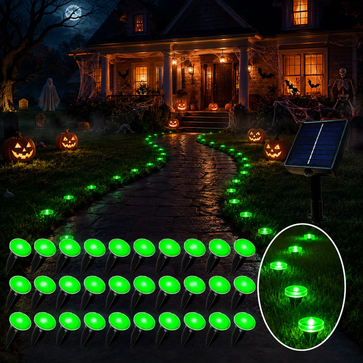 30-LED Green Solar Pathway Lights, Outdoor Solar-Powered Halloween Stake Lights with 8 Lighting Modes, IPX4 Waterproof for Walkway, Lawn, Haunted House Decor