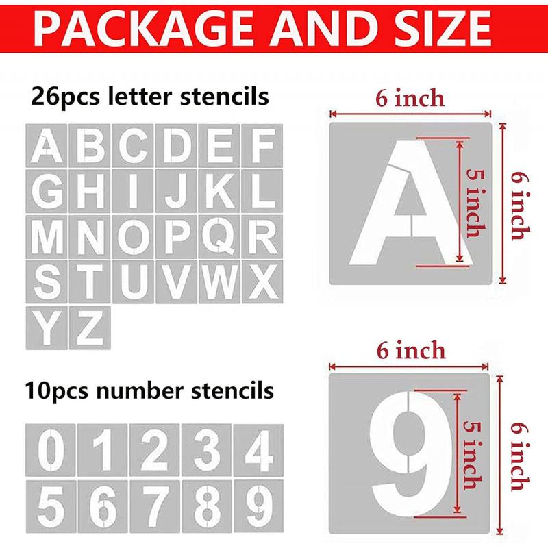 6 Inch Letter Stencils and Numbers, 36 Pcs Alphabet Art Craft Stencils, Reusable Plastic Templates for Wood, Wall, Fabric, Rock, Signage(6 Inch) Mini Washi Stickers for Scrapbooking