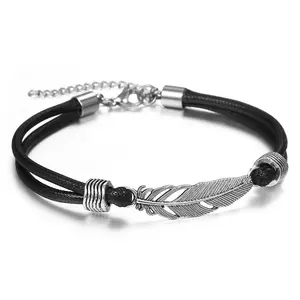 New Handmade Cool Simple Leaf Feather Anklet Woven Length Adjustable Rope Lucky Foot Bracelet for Women Men Summer Jewelry Black Cord Silver Feather Design