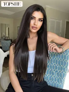 Topshe Natural Straight Synthetic Wigs for Women, 24 Inch Medium Straight Glueless Lace Frontal Wigs, No Glue Needed, Suitable for Various Styles, Glueless Straight Hair