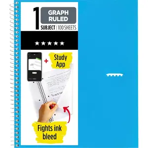 Spiral Notebook + Study App, 1 Subject, Graph Ruled Paper, 8-1/2" x 11", 100 Sheets, Fights Ink Bleed, Water Resistant Cover, Tidewater Blue (06190AA4)
