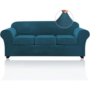 Velvet Couch Covers for Sofa Soft 4 Pieces Couch Covers for 3 Cushion Couch Sofa Pet Friendly Furniture Protector with Non Slip Elastic Bottom Width Up to 90 Inch(Large, Deep Teal)