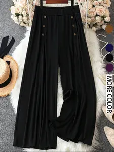 Women's Plus Size Casual Style Minimalist Solid Color Wide Leg Pants, Womenswear, Button Detail Design, High Waist A-Line, Comfortable Fit, Perfect for Outdoor Wear