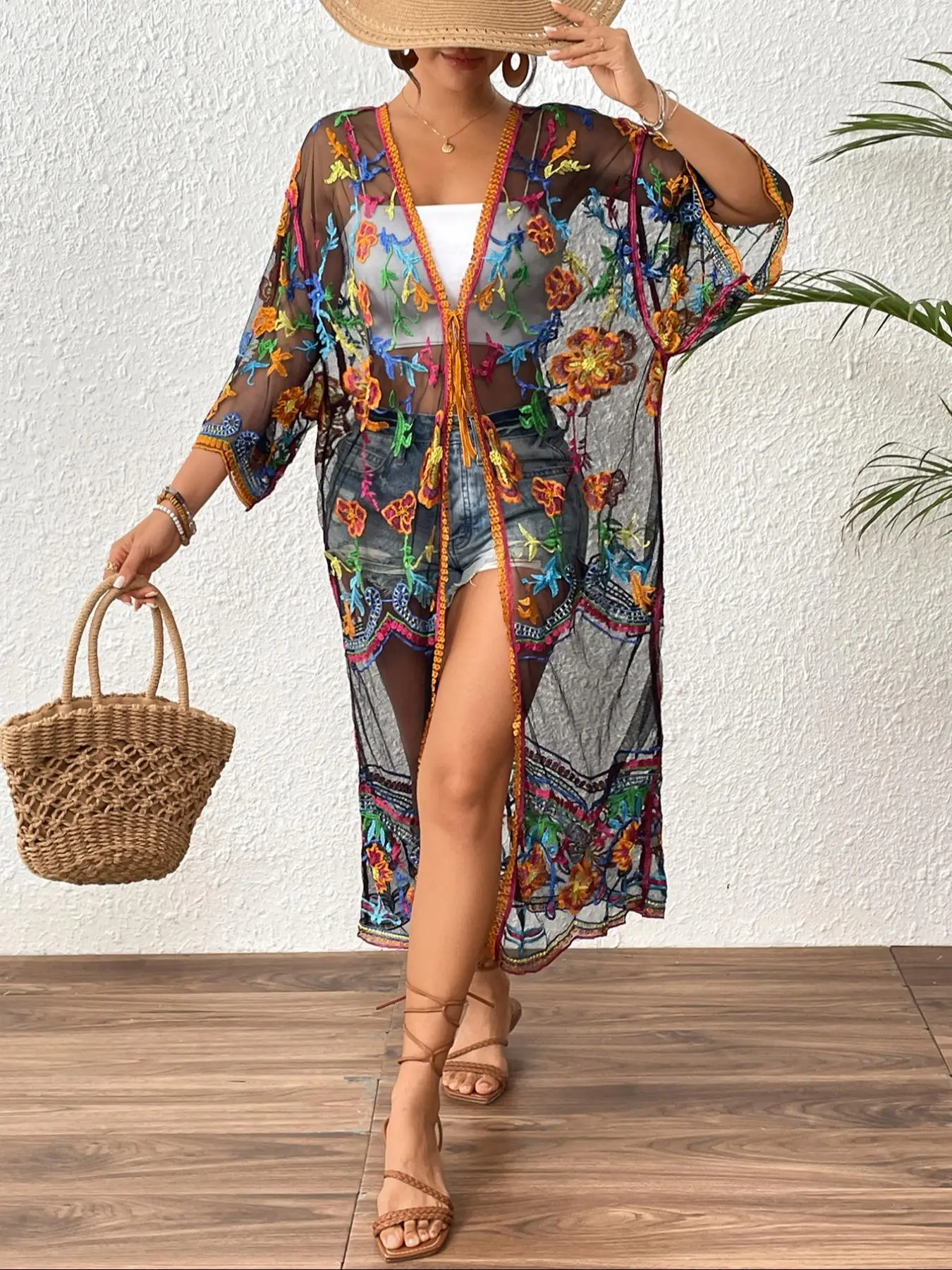 Women's Floral Embroidery Open Front Kimono, Boho Casual Cover Up Beach Coverups for Beach Holiday Vacation, Ladies Clothes for All Seasons