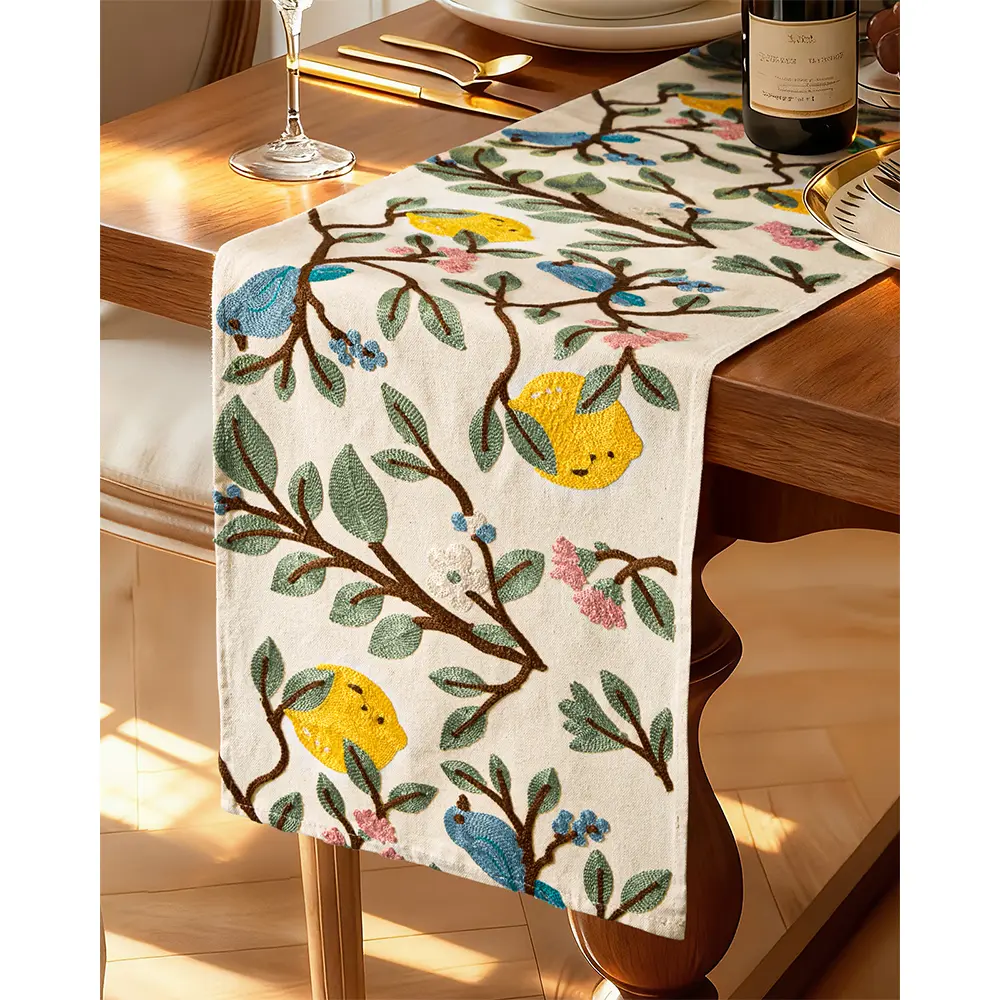 Canvas Embroidered Table Runner - 13"x 36" Coffee Table Runner for Living Room Boho Tablerunner for Dining Room Washable Farmhouse Kitchen Island Counter Decor Housewarming Gift, Lemon Bird