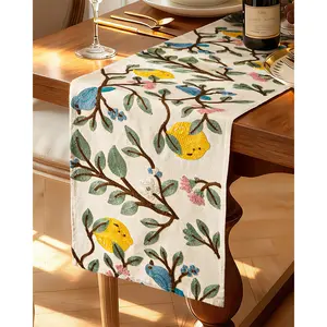 Canvas Embroidered Table Runner - 13"x 36" Coffee Table Runner for Living Room Boho Tablerunner for Dining Room Washable Farmhouse Kitchen Island Counter Decor Housewarming Gift, Lemon Bird