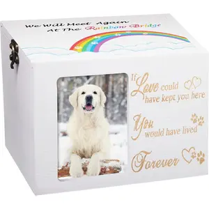 Pet Urns for Dogs or Cats Ashes,Extra Large Wooden Funeral Cremation Memorial Box with Photo Frame,Rainbow Bridge Keepsake with Black Flannel as Lining,Loss Pet Memorial Remembrance Gift-White