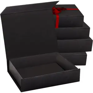 5 Pack Black Hard  Box with  Closure Lid 7" x 5" x 1.6" Rectangle Boxes For Gifts With Black Glossy Finish (Black, 5 Boxes)