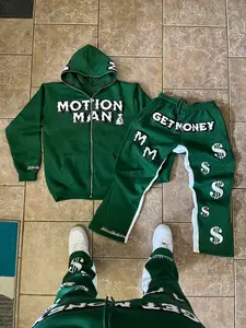 Motion Man Green flared sweatpants and full zip up jacket front and back in Premium Cotton - Retro Style for All Seasons
