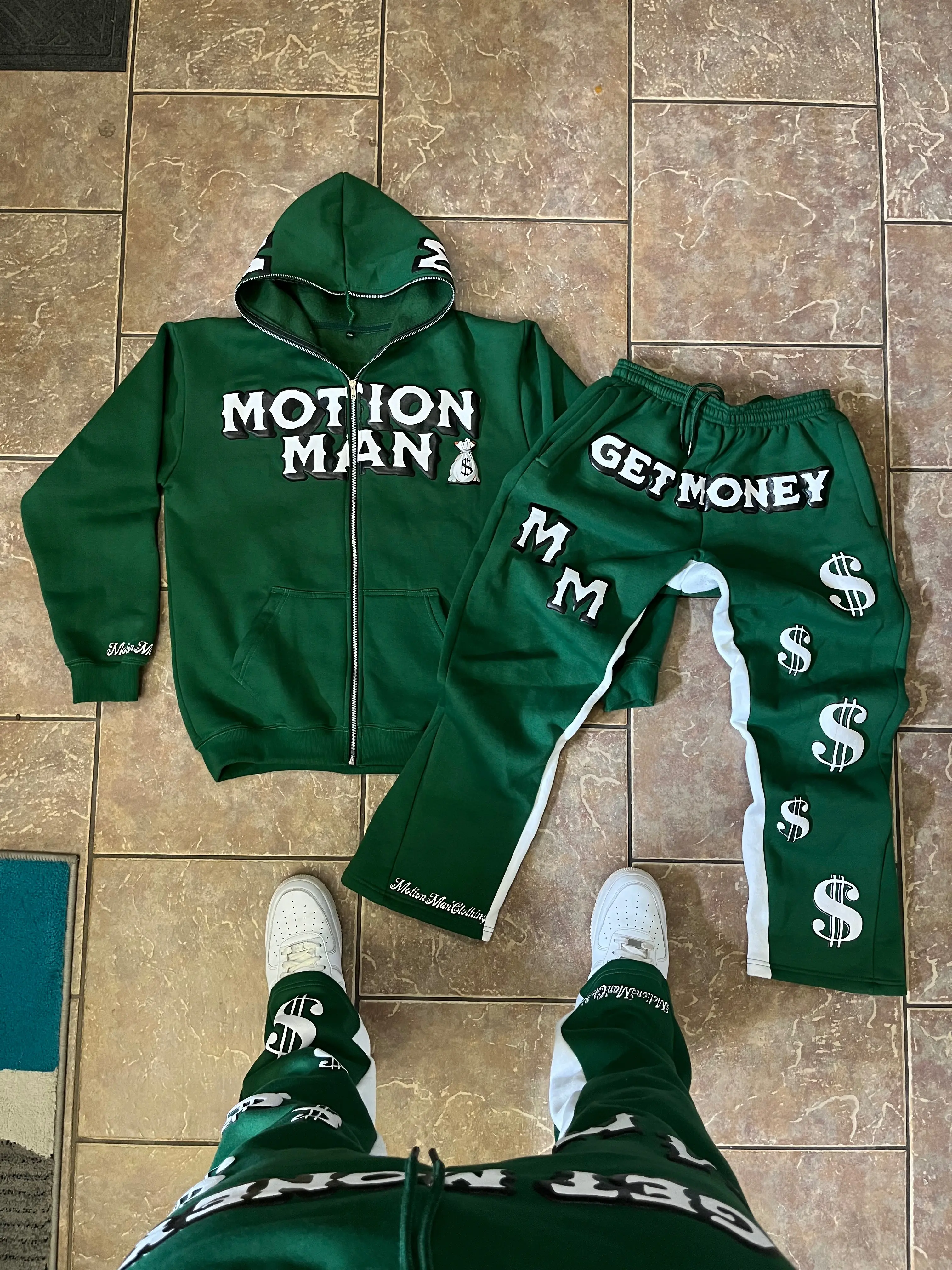 Motion Man Green flared sweatpants and full zip up jacket front and back in Premium Cotton - Retro Style for All Seasons