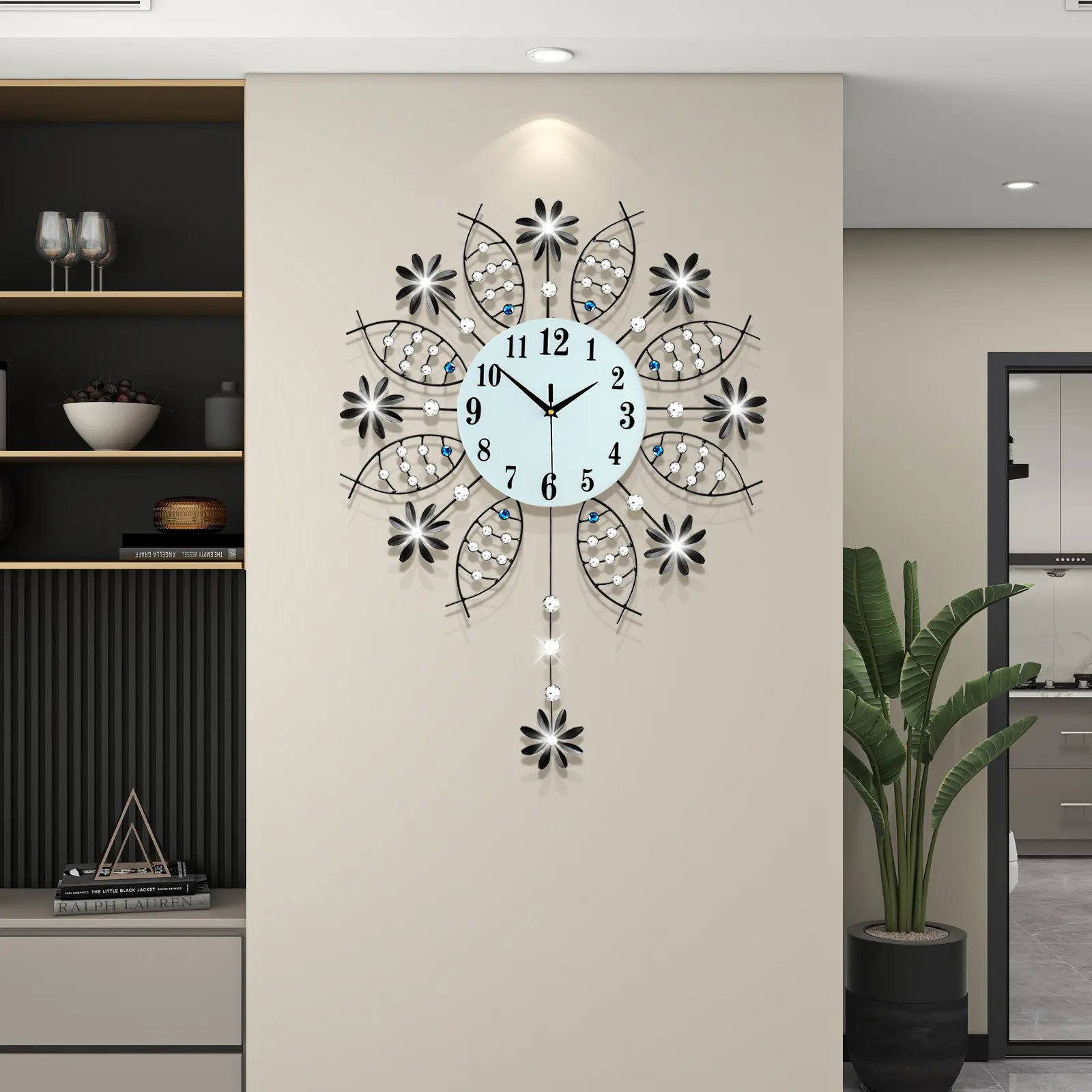Large Wall Clock for Living Room Decor, Giant Big Silent Modern Battery Operated Glass Pendulum Wall Clock for Kitchen, Bedroom, Oversized Non Ticking Crystal Wall Clock,22 Inch