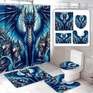 Blue Dragon Pattern Bathroom Set, 4-Piece Includes Shower Curtain, U-Shaped Mat, Bath Rug, Toilet Seat Cover, Home Essential Gift