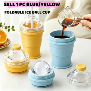 Collapsible Ice Ball Cup With Built In Ice Mold, Ice Cube Ball, Portable Foldable Straw Cup, Food Grade Silicone Reusable Ice Maker Bottle, Easy Press Release Ice, Leakproof Lightweight Compact Design For Summer Travel Outdoor Daily Hydration