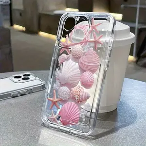 1PC Pink Shell Starfish Trendy Pattern Transparent Space Phone Case, Suitable for iPhone 17 Air/16 Plus/15 Pro Max/14 Pro/13/12/11/XS Max/X Phone Case, Ideal Gift for Family, Friends, Lovers, Girlfriends, Best Choice for Holiday Gifts TMTKK54