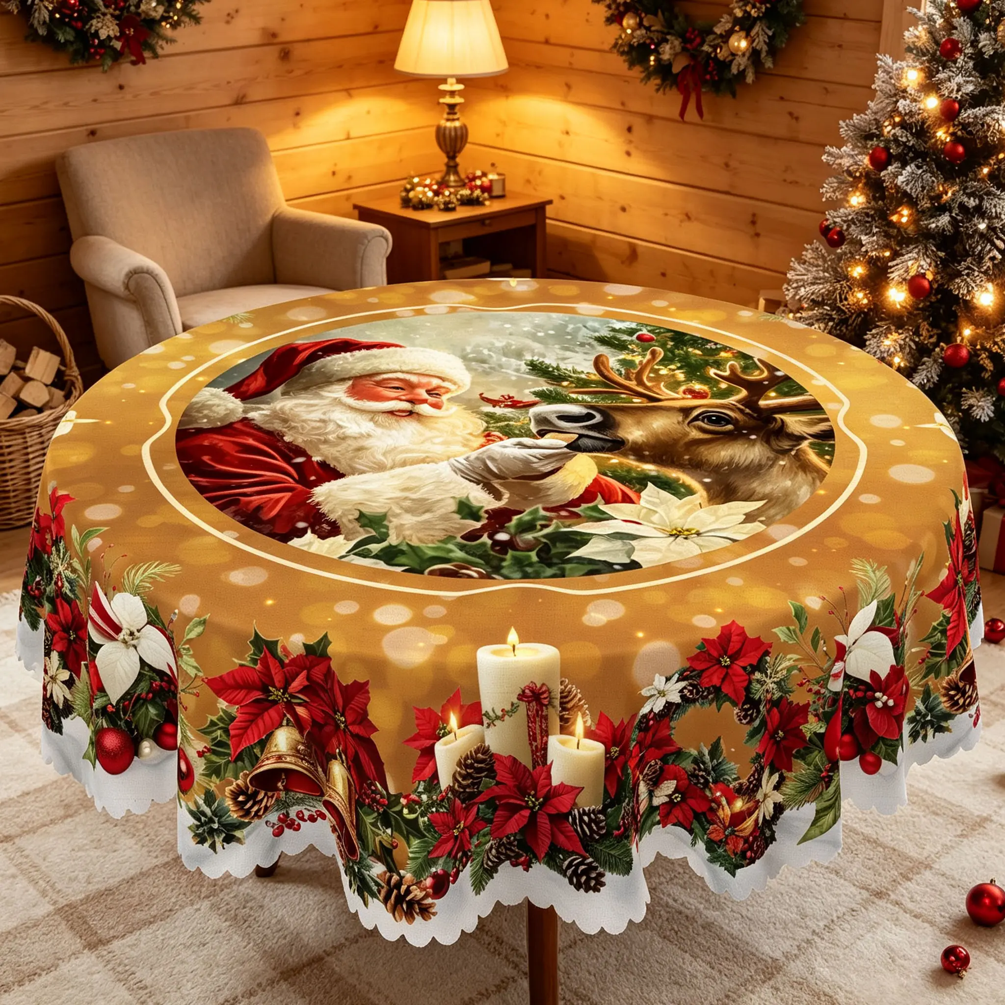 KOPOEELK Golden Christmas Tablecloth with Santa Claus, Reindeer, Poinsettias, Candles, Bells and Pinecone Patterns, Round Rectangular Holiday Table Cover for Christmas Dining, Indoor Outdoor Party Kitchen Decor