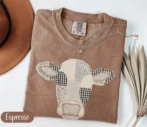 Comfort Colors Patchwork Cow T-Shirt, Quilted Farm Animal Head Tee, Gingham Floral Rustic Cow Lover Shirt, Cottagecore Farmhouse Gift, Printed Shirt