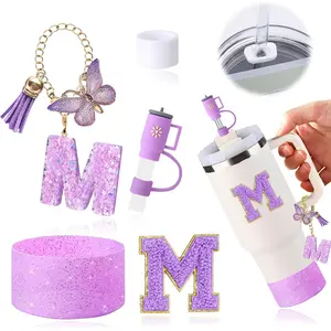 Stanley Cup Accessories Set 6 PCS, Including Letter Stickers, Letter Chains, Straw Caps, Cup Sleeves, and Spill Proof Stoppers, Purple, 30 Oz 40 Oz, Water Bottle Carrier Set