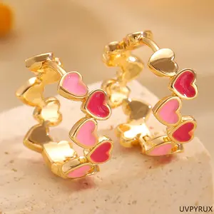 2 Pair/set Golden Multicolor Enamel Lovely Heart Earrings, Minimalist 0.66inch Sweet Ear Accessories 2026 New Style