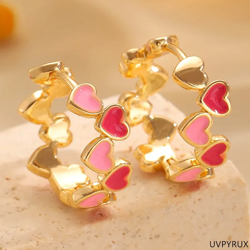 Heart Shaped Earring Stacking Set, 2 Pair Minimalist Gold-Tone Studs and Multicolor Enamel Hoops for Women, Heart Shaped Earrings, Unisex, Heart Motif
