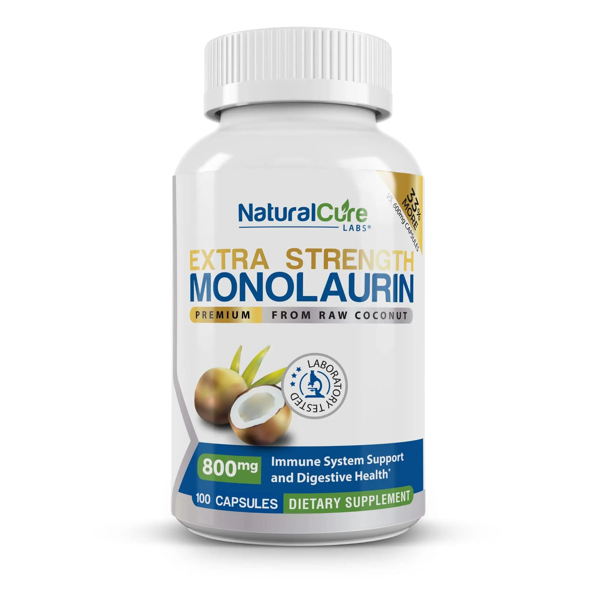 Monolaurin Extra Strength 800mg Per Serving, 100 Capsules - Immune System Support & Digestive Health from Coconut
