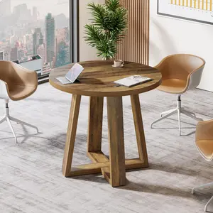 Tribesigns Rustic Brown Round Office Meeting Table, 31.5-Inch, Ideal for Small Spaces, Sturdy Wooden Conference Desk for 2-4 People