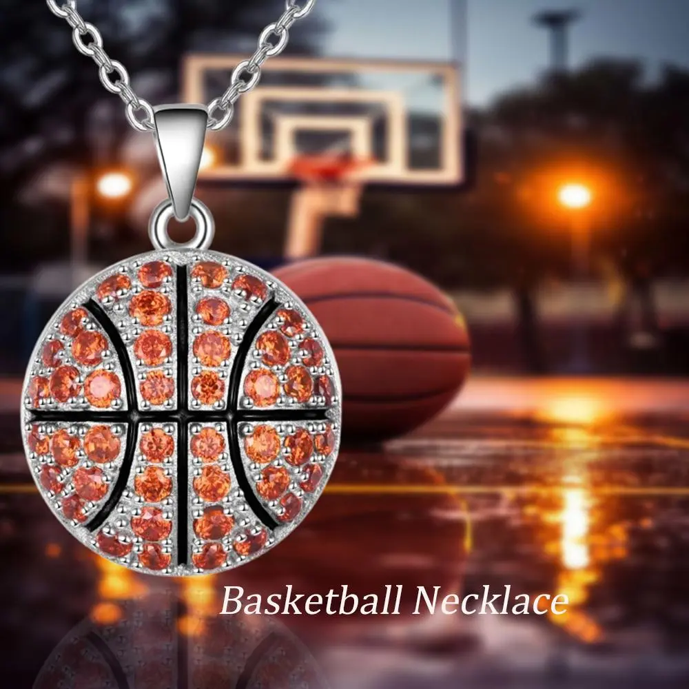 Geometric Basketball Necklace with Cubic Zirconia Pendant, Long Durable Chain for Coaches, Casual Birthday Gift for Enthusiasts, Teams, Daily