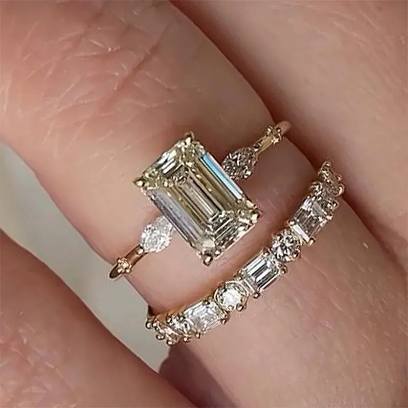 Women's 3.5ct Rectangle Cut 5A Cubic Zirconia Engagement Ring Set, Maxine CZ Stacking Ring Set, Travel Jewelry for Proposal, Anniversary, Engagement Rings