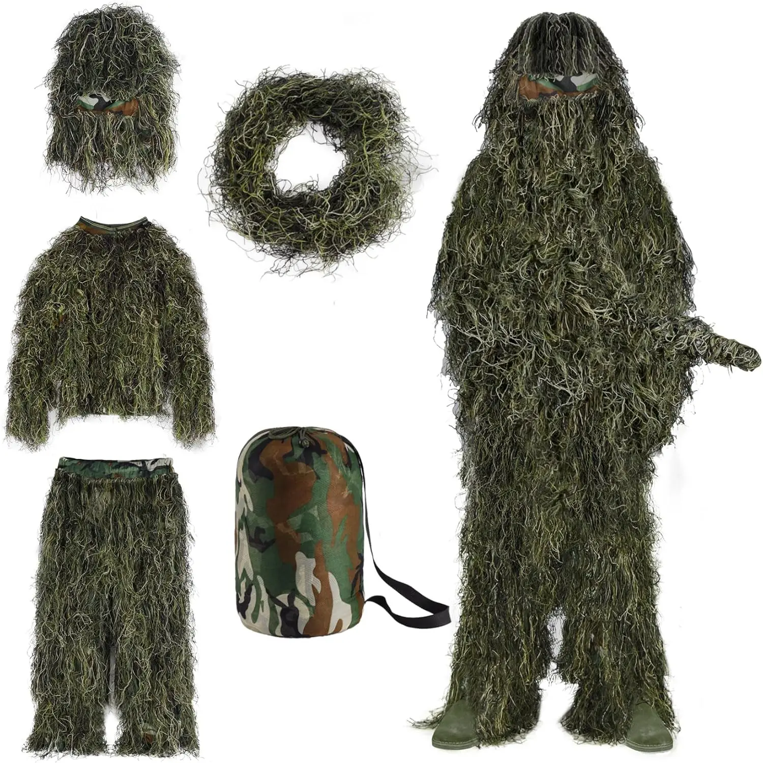 Ghillie Suit - 5 in 1 Ghillie Suit for Hunting, 3D Camouflage Suits for Unisex Adults & Youth, S/M/L/XL/XXL
