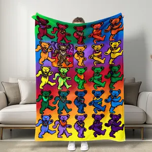 Grateful Dead Rainbow Dancing Bears Themed Blanket, Vibrant Psychedelic Retro Style, Soft Plush, Perfect for Home Relaxation