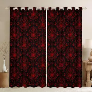 Gothic Red Damask Blackout Curtains For Bedroom,Boho Baroque Medallion Window Curtains Bohemian Paisley Floral Curtains & Drapes Vintage Oriental Antique Window Treatments 2 Panels Black