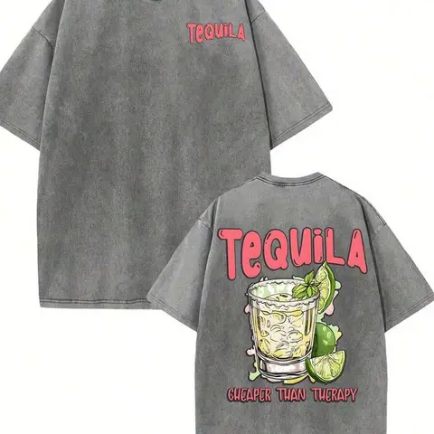 Vintage Tequila T-Shirt, Tequila Cheaper Than Therapy Washed Gray Cotton Oversized Short Sleeve Tee, Retro Funny Alcohol Graphic Casual Crewneck Shirt for Party Lovers