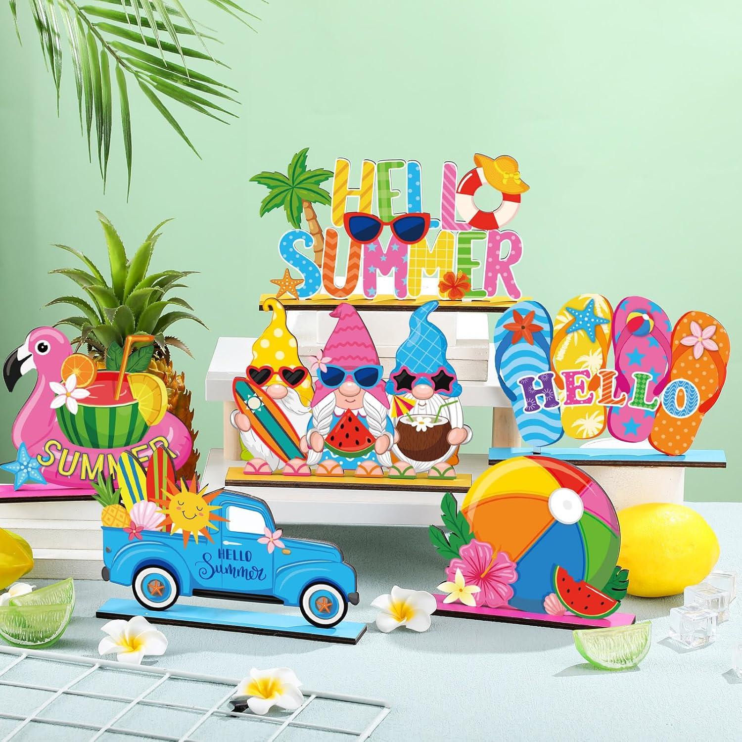 6 Pcs Summer Table Decorations Wooden Table Centerpieces Rustic Wood Tabletop Sign Decorations for Home Kitchen Office Farmhouse Desk Shelves Party Tiered Tray Decor