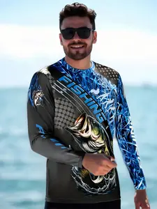 Men's Fishing Long Sleeve Shirt, & Blue with Bass Fish Print, Crew Neck, Polyester, Breathable, Sporty Style, Sportswear Top, Premium Outdoor Apparel, Sportswear Clothing, All Seasons